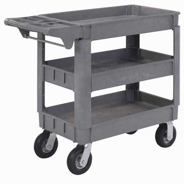 Global Industrial Small Deluxe 3 Shelf Plastic Utility & Service Cart, 6 Pneumatic Casters, 40L x 17W x 35H 242084